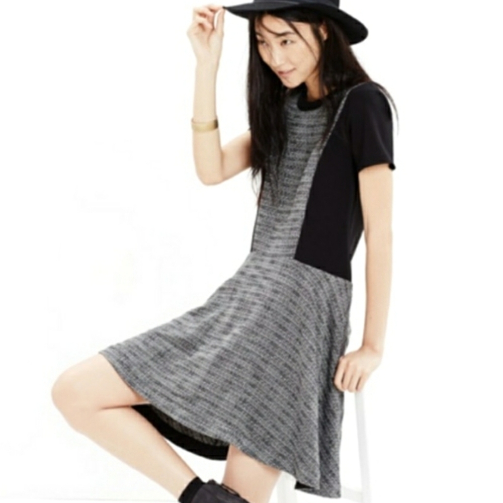 MADEWELL Gray Plaid Tweed Print Black Short Sleeve Flare A-Line Dress 00 NWT